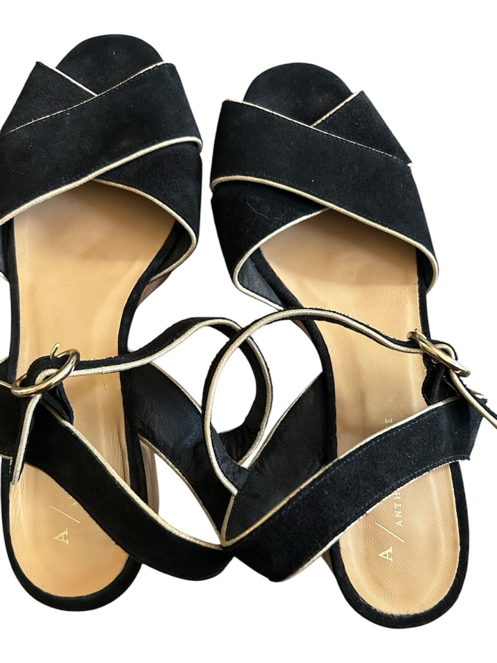 Anthropologie Black Suede Crisscross Sandals with Gold Trim